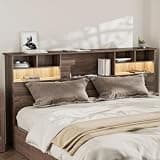 AYEASY King Headboard with Storage, Wood Bookcase Headboard with Charging Station & 2 LED Lights, Bookshelf Head Board with Shelves for Bedroom King Size Bed, Noise-Free, Sturdy and Durable, Walnut