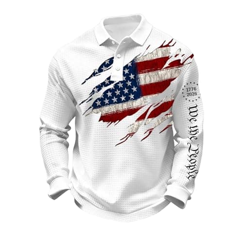 LXZNRQU 250 Anniversary USA Shirt Patriotic Waffle Polo Shirt for Men - Distressed American Flag Print We The People 1776-2026 Sleeve Design White