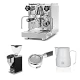 Diletta Bello Espresso Machine (Stainless Steel) Bundle with Faustino Espresso Grinder (Black), 58mm Bottomless Portafilter & 12oz Frothing Pitcher (Matte White)