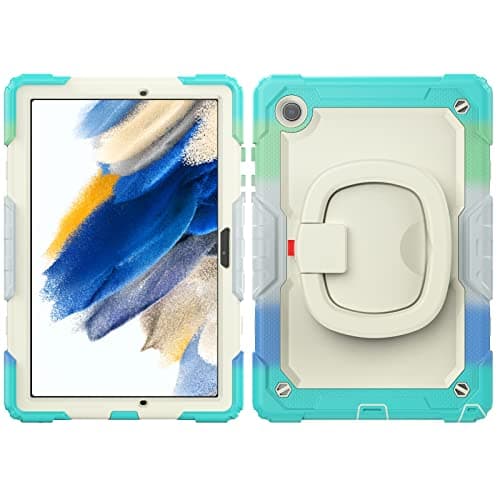for Samsung Galaxy Tab A8 X205/X200 Case 2021 10.5" Case with Screen Protector, Full Body Protective Rugged Cover Rotating Handle Silicone Case for Galaxy Tab A8 10.5 inch(Camouflage Light Blue)