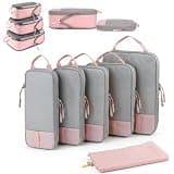 6-Piece Expandable Space-Saving Packing Cubes, Compression Travel Organizer Set with Shoe Laundry Bags, Dual Zipper Mesh Top Water Resistant Suitcase Storage for Clothing, Vacation (Pink)