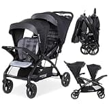 Baby Trend Double Stroller with Canopy Visors, Storage Basket and 2 Cup Holders, Sit N' Stand 2.0 DLX, Stormy – Foldable Infant and Toddler Tandem Stroller and Travel System