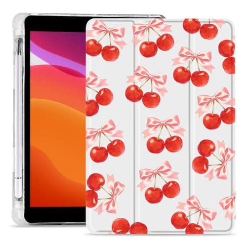 MAYCARI Red Cherry Pink Bows Case for iPad Pro 11 Inch (M5/M4) 2025/2024, iPad Pro 11" 6th/5th Generation Case with Pencil Holder, Cute Design Slim Soft TPU Silicone Cover, Auto Sleep/Wake Shell