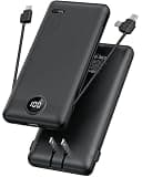 Portable Charger,Power Bank Built-in Cables and AC Wall Plug,VRURC USB C Portable Bank 10000mAh,Travel Essentials Phone Charger Compact Lightweight External Battery Pack for Smart Phones,Tablets-Black