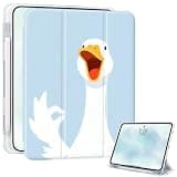 Comical Goose Case for iPad 10.2 Inch 7th / 8th / 9th Generation (2019/2020/2021) Built-in Pencil Holder, Trifold Stand Cover Colored Transparent Back Shell, Auto Wake/Sleep, Blue