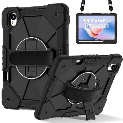 Tablet PC Bags Cases Sleeves Compatible with Huawei MatePad 11.5S 2024 Shockproof Kids Case,[Kickstand] [Shoulder Strap] 360 Degree Rotating Hand Strap Stand Bracket Heavy Duty Rugged Cover(Black)