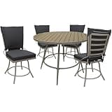 Pemberly Row Outdoor/Indoor Patio Dining Set, 42 in Round Table with Swivel Armless Chairs, Dark Gray & Beige Finish, Powder-Coated Frame, Removable Cushions, Machine Washable, All-Weather Fabric