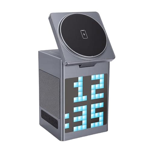 Vvikizy 6 in 1 Wireless Charger, Bluetooth Speaker with Pixels Animation Display and Alarm Clock, Wireless Charging Station for iOS Phone 17 16e 16 15 14 13 12 Pro