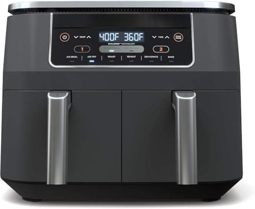 Ninnjja Food 4 in 1 Air Fryer, 8 Qt 2 Basket Dual Zone FlexBasket, Dual Zone Technology, 4 Functions, Smart Finish Cook 2 Foods 2 Ways, DZ100 Black
