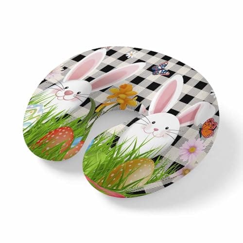 Yaiikkvbaa Easter Bunny Neck Pillow Memory Foam U Shaped Travel Pillow, Spring Easter Eggs Floral White Black Plaid Neck Support Pillows Decorative Headrest Cushion for Airplane Sleeping Car Office