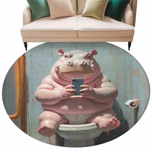 Funny Animal Round Area Rug 7 ft Hippo Sitting on Toilet Hippo Playing Phone Washable Rugs for Living Room, Non Slip Soft Carpet for Bedroom Entryway Dining Room
