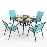 Outdoor Patio Dining Set for 4, 5 Pieces Patio Table and Chairs Set with Umbrella Hole, 37.8"x 37.8" Square Metal Wood-Grain Dining Table Set with 4 Stackable Patio Chairs for Deck , Backyard, Porch