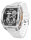 Gosasa Mens Digital Sports Watch for Men Large Square Face Electronic Wrist Watch with LED Backlight, Alarm, Stopwatch, Countdown Timer, Dual Time, 5ATM Water Resistant Silicone Strap (White)