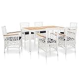 KLGBNCVE 7 Piece White Poly Rattan Outdoor Dining Set with Acacia Wood Tabletop and Armrests, PE Rattan Patio Furniture with Foam-Filled Cushions