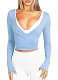 Navneet Women Long Sleeve Ballet Pilates Yoga Wrap Tie Front Tops Workout Gym Shirts Cardigan Blue S