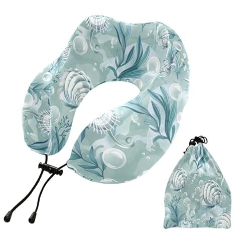 ZOEO Travel Pillow for Neck Head, Seashells Seaweeds Bubbles Memory Foam Padding Sleeping Airplane Trains Cars Camping Office