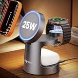 3 in 1 Charging Station Compatible with MagSafe Charger, Qi2.2 25W Magnetic Wireless Charger with Night Light, Foldable Charging Stand for iPhone 17/16/15/14/13/12, Apple Watch, AirPods (45W Adapter)