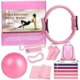 Karltion Pilates Ring 13 Piece Set,Pilates Kit for Women Exercise Equipment Accessories Deformation Magic Circle with Padded Handles, Workouts Ball, Bag, Resistance Bands for Legs Arms and Thighs-Pink