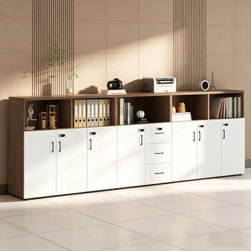HSHBDDM File Cabinet with Password Lock, Wood Lateral Filing Cabinet for Letter/A4 Files, 3 Drawer with Door, Printer Stand with Open Shelves for Home Office