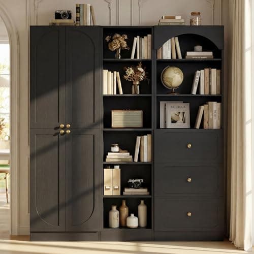Cyclysio 80" Tall Bookcase System with 4 Doors, Arched Corner Bookshelf with 3 Drawers, Wooden Pantry with 6-Tier Open Shelves for Living Room
