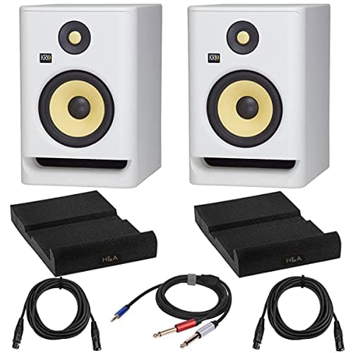 KRK 2 Pack ROKIT 7 G4 White Noise 7" Powered Studio Monitor, Bundle with 2 Pack Isolation Pad, 2 Pack 15-Foot XLR M to XLR F Microphone Cable, Y Splitter Cable 10-Foot