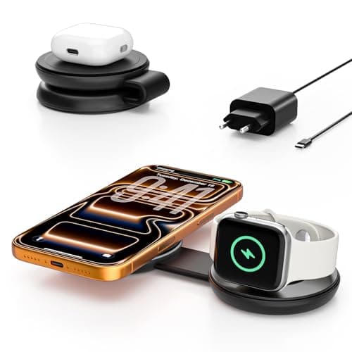 2 in 1 Magnetic Wireless Charger, Qi2 25W Fast Charging Travel Station Pad Compatible with MagSafe for iPhone Air/17/16/15/14/13/12, 5W for Apple Watch, AirPods 4/3/2/Pro with 30W Adapter (Carbon)