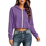 Zip Up Crop Hoodies for Women Y2K Ruffled Hem Pleated Short Jackets Purple