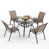 Outdoor Patio Dining Set for 4, 5 Pieces Patio Table and Chairs Set with Umbrella Hole, 37.8"x 37.8" Square Metal Wood-Grain Dining Table Set with 4 Stackable Patio Chairs for Deck , Backyard, Porch