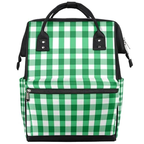Hsnar Green Check Waterproof Diaper Bag Backpack Large Capacity Baby Bag with Stroller Straps, Multi-Pocket Diaper Bag Unisex Baby Travel Essentials Shower Gift