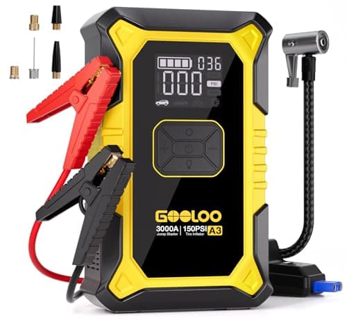 GOOLOO A3 Jump Starter with Air Compressor, 3000A Portable Car Battery Jumper Starter (9.0L Gas/6.5L Diesel) with 150PSI Auto-Shutoff Tire Inflator, 12V Supersafe Lithium Jump Box Car Booster, Yellow