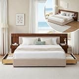 King Wood Bed Frame with 2 Nightstands & Drawers, Beige Linen Headboard