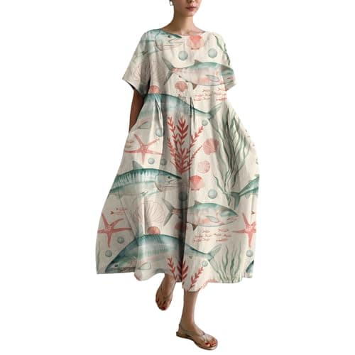 Women's Boho Maxi Dress Plus Size Casual Beach Vacation Ocean Themed Flowy Starfish Short Sleeve Summer A-line Flowy Tshirt Dresses for Women with Pockets Beige Medium