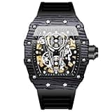 dayutech Skeleton Square Watches for Men, Barrel Big Face Sports Military Business Dress Rubber Strap Chronograph Luminous Waterproof Date Quartz Men Wrist Watch Relojes para Hombres (Black)