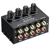 PROZOR 4-Channel Stereo Audio Mixer, RCA Input with Independent Volume Controls, Metal Housing, Ultra Low Noise, for TV/PC Mixing, Home Studios, DJ Performances – No Power Required, Plug and Play