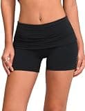INGIA Womens No Front Seam Scrunch Fold Over Waist Biker Shorts 4 Inches Yoga Pilates Low Impact Workout Shorts Black Small