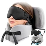 YFONG Travel Pillow for Women Airplane, Patented 360° Ergonomic Sleeper Hold Head Support System with Memory Foam Neck Pillow & 3D Sleep Mask, Prevent Head Bobbing for Long Flights & Road Trip, Grey