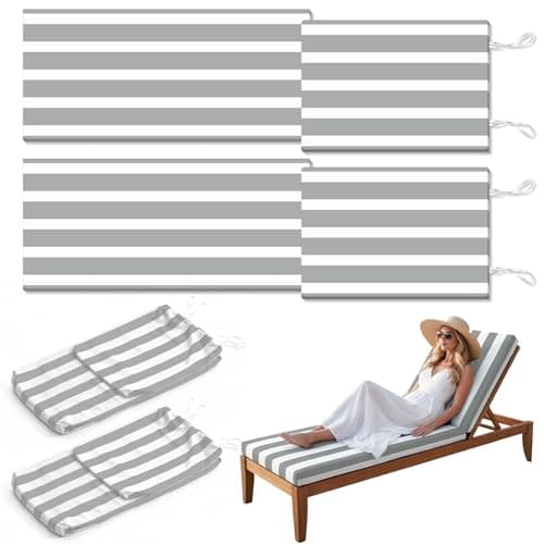 Wokuaile Chaise Lounge Cushion Covers Outdoor 1 Pack Waterproof Chair Cushion Replacement Covers with Ties for Patio Pool, Not Includes Cushions, Grey White, 80x23x3 Inch