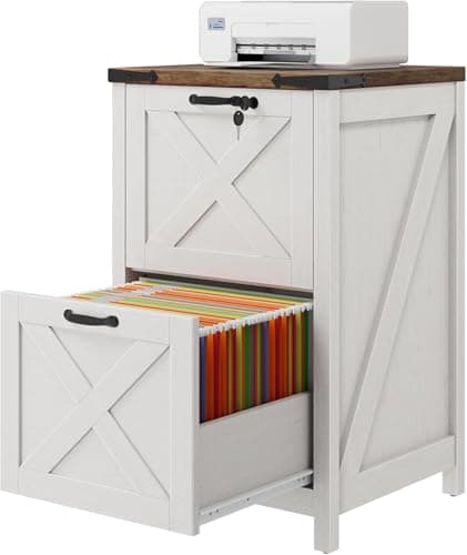 Vabches Vertical File Cabinet with 2 Drawers, Wooden Farmhouse Filing Cabinet for Letter/A4 Size Hanging Files, Under Desk Printer Stand with Storage for Home Office, White and Lock