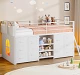Twin Low Loft Bed with 10 Storage Drawers and LED Lights, Loft Bed Twin Size for Kids with Bookcase, Metal Kids Loft Bed Frames with Safety Guardrail, Inclined Ladder&Play Curtain,Spave Saving,White