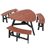 ZeHuoGe 6-Person Semi-Circular Outdoor Solid Fir Wood Picnic Table Set, Outdoor Patio Table with Integrated Curved Benches, Pre-Drilled Umbrella Hole, Backyard Garden Wooden Dining Table