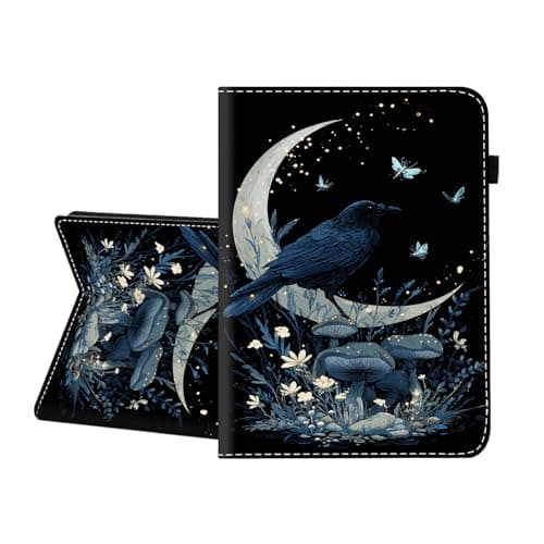 CICPLKSE Case for iPad (A16) 11th Generation 11-inch 2025, iPad 10th Generation 10.9-inch 2022,Premium PU Leather Cover with Auto Sleep Wake,Raven Moon and Flowers