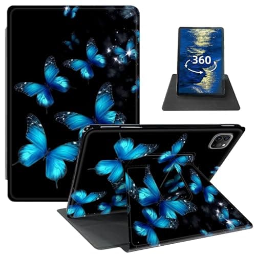 GFRGTFHYT for iPad Pro 11 Inch Case (M4, 5th Generation 2024) with 360 Degree Rotating Swivel Slim PU Leather Shockproof Protective Adjustable Stand Smart Cover with Auto Wake/Sleep, Blue Butterflies