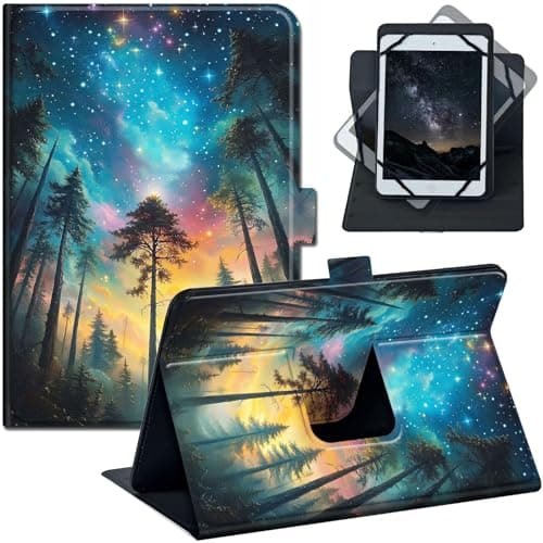 Universal 10 Inch Tablet Case, 10.1 Inch Tablet Case with 360 Rotating Stand, PU Leather Folio Cover, Compatible with Fire HD 10 2023, Galaxy Tab, iPad 9th/ 8th, Starry Sky Forest