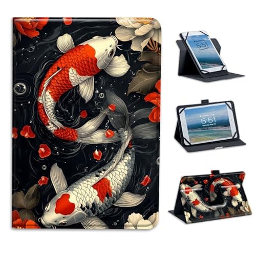 FXIANGWL for Universal 9-10.5 Inch Android Tablet Case, 360 Degree Rotating Multi-Angle Stand PU Leather Universal Case Cover for All 9-10.5 Inch Tablet, Koi Fish Flowers