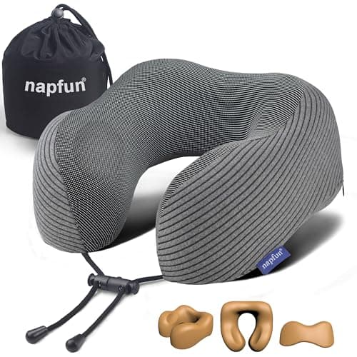 napfun Neck Pillow for Traveling, Upgraded Travel Neck Pillow for Airplane 100% Pure Memory Foam Travel Pillow for Flight Headrest Sleep, Portable Plane Accessories, Dark Gray
