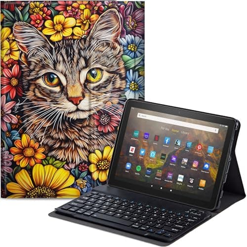 Qindaiwen Keyboard Case for All-New Amazon Fire HD 8/8 Plus (12th Generation/10th Generation, 2024/2022/2020 Release), PU Leather Stand Cover with Detachable Bluetooth Keyboard, Cat Flowers