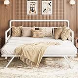 Garvee Metal Daybed and Pop Up Trundle Bed, Heavy Duty Full Day Bed with Classic Headboard and Steel Slat Support,Sofa Bed Platform for Living Room Guest Room, No Box Spring Needed,White