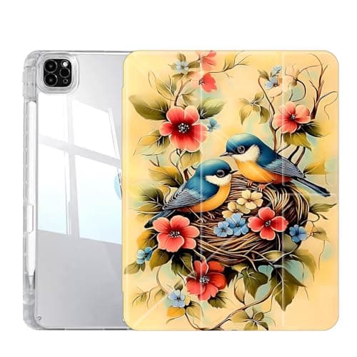 Case for iPad Pro 13 Inch (M5/M4) 2025/2024, Slim Clear Case with Pencil Holder, Multi-Angles Folding Y-Shaped Stand Cover, Colorful Birds and Flowers