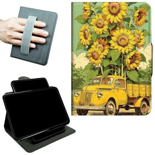 RWUTYTIUL Rotating Handle Case for Samsung Galaxy Tab A 10.1" 2019 SM-T510/T515/T517, 360 Degree Swivel Kickstand with Magnetic Closure Leather Protective Cover for Women Men, Sunflower Truck