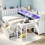 RALGEND Corner Twin Bed Frame with Desk and Charging Station, White